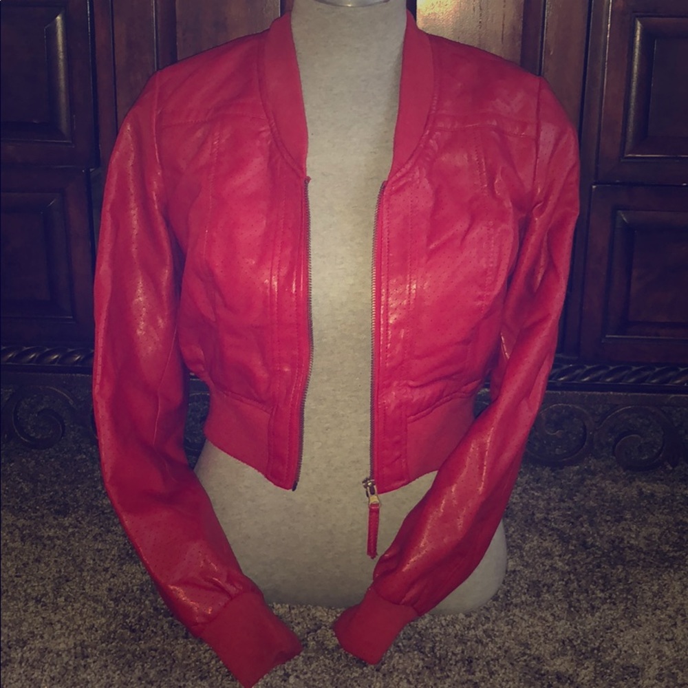 Faux red leather cropped jacket